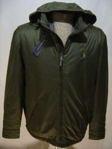 Polo Ralph Lauren Mens L Hooded Leather Jacket Coat Zip Fleece Olive 