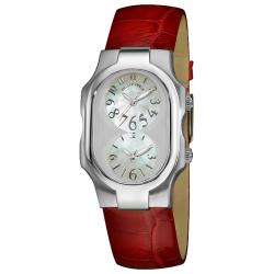Philip Stein Womens Signature Red Leather Strap Dual Time Watch 