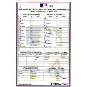 Dodgers at Diamondbacks 4 09 2008 Game Used Lineup Card    Game Used 