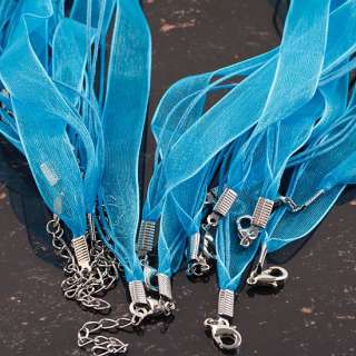 20X BLUE ORGANZA RIBBON CHAINS NECKLACE FIT CHARM BEADS  
