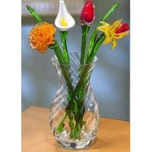 7PC Hand Blown Art Glass Flowers & Vase / Bouquet 