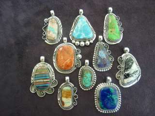 10 Piece Handmade Mixed Stone Sterling Silver Pendant Lot  