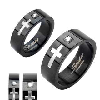 Stainless Steel Black Plated w/ Square Gem Wedding Band Couple Ring 