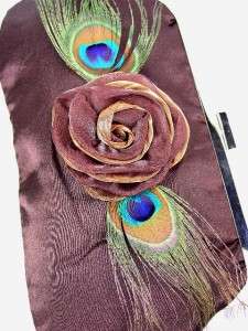 Silky Brown Satin Flower Peacock Feathers Clutch Evening Purse Bag 