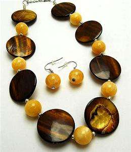 CREAM GLASS BEAD BROWN CIRCLE SHELL CHUNKY NECKLACE SET  