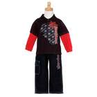   Toddler Boys Trendy Black Red Faux Layered 2pc Denim Jeans Outfit 2T