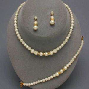 Gold White Pearl Earring Necklace Bracelet Choker Set  