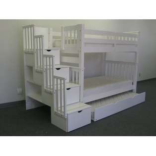 Bedz King Bunk Bed Tall Twin over Twin Stairway in White with Twin 
