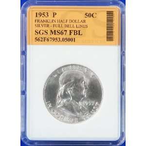  1953 P Silver Franklin Half Dollar   Graded MS67 FBL by 