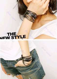 Fashion 13 Multi layer PU Leather Cuff Bracelet Black  