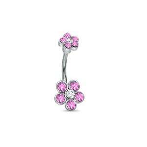 014 Gauge Flower Belly Button Ring with Pink and White Cubic Zirconia 