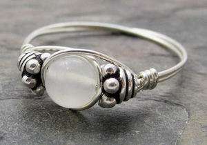 White Moonstone Bali Sterling Silver Wire Wrapped Bead Ring ANY size 