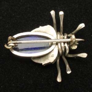 Insect Bug Pin Vintage Sterling Silver Rhinestones and Blue Cab Body 