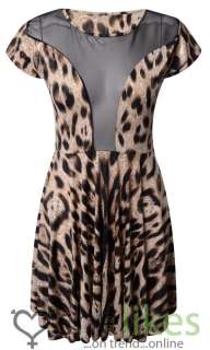   Dress Ladies Animal Leopard Print Cut Out Mesh Insert Skater Dress