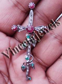 80ctw Rose Cut Diamond+Ruby Emerald Pendant/Brooch  