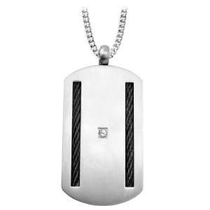 Mens Dog Tag Pendant with Two Strips On Inlayed Black Cable and a 