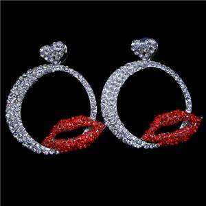 Hot Red Kiss Lip Dangle Earring Clear Swarovski Crystal  
