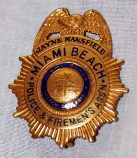 JAYNE MANSFIELD PERSONALLY OWNED MIAMI BEACH POLICE & FIREMENS BADGE 
