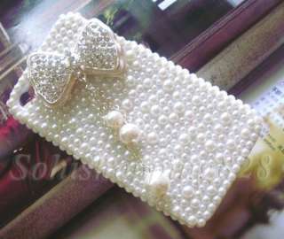 Diamond Bow White Pearls 3D Bling Hard Case Cover For Apple iPhone 4 