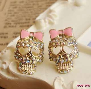 New Gift Colorful Diamond Bowknot Skull Stud Earrings BJ style Heart 