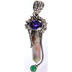 Multi color Gemstone Pendant (CZ, Agate and Green Onyx)   Sterling 