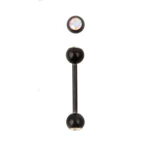  Black Steel Tongue Barbell   14g   Double Stone Jewelry