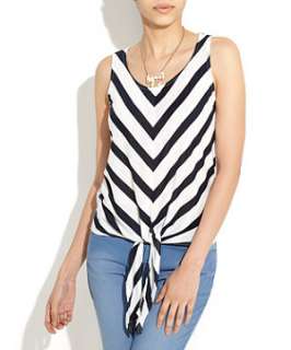 Blue Pattern (Blue) Navy and White Chevron Stripe Tie Front Top 