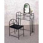   Glossy Black Finish Metal Vanity Table Mirror & Stool/Bench Set