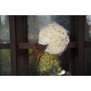  The Rebecca Cream Jeweled Flower Hair Clip with Feathers 