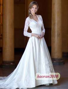 WHITE lace long sleeves V neck princess Wedding dress/prom Bridal Gown 