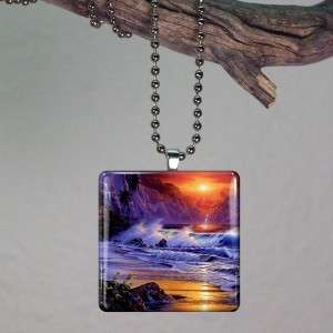Sunset Beach Wave Ocean Glass Tile Necklace Pendant A41  
