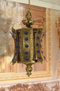 Vintage Antique Filigree Lantern Chandelier w/ Blue Crystals  