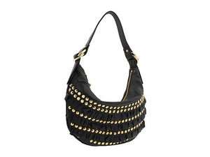   Johnson Small Hobo Purse Hand Bag FRILLY Black Leather Gold Studs NWT