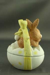   China Figurine Easter Bunny On Egg Yellow Box Trinket Box 02738  
