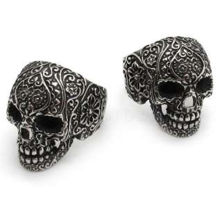 2PCS pair couple Mens gothic poker skull stainless steel flower party 