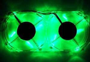 This particular fan has a green back glow, as pictured to the left.
