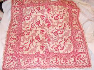 Rare Floral Antique Red White Green 3 color Bed Blanket Coverlet Crib 