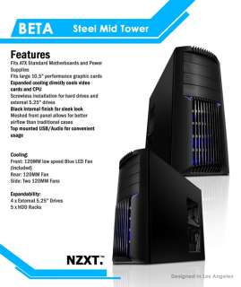 NZXT BETA Steel ATX Black Mid Tower Case   120mm Blue LED Fan, 4 