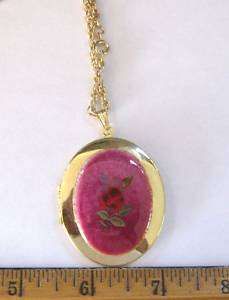 ENAMEL GP FUSCHIA w ROSE LOCKET 24 CHAIN NECKLACE #2  