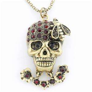 COOL Gold tone RED Crystal Flower/Bee/Skull Pendant NECKLACE  