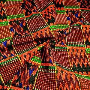 African Veritable Wax Dyed Kente Cloth Cotton Fabri Orange Red Yellow 