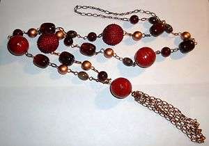   Reds and Browns~ Beads ~ Coppertone~Tassel Necklace 40 inch  
