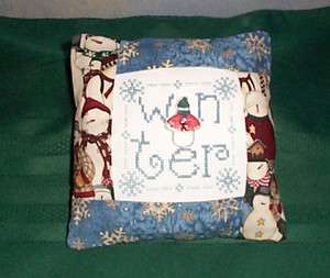 NEW FINISHED PILLOW CROSS STITCH PINE MT WINTER SNOWMAN SNOWFLAKES 