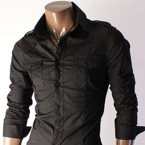 youstar Mens Strap Pocket Slim Dress Shirts BLACK (CJL)  