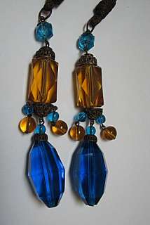 ANTIQUE 5 BOHEMIAN BLUE & GOLD GLASS LAMP FAN PULLS  