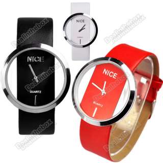   Fashion Cool Women PU Leather Transparent Dial Lady Wrist Watch