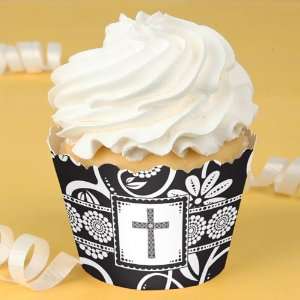   Floral Black & White Cross   Baptism Cupcake Wrappers Toys & Games