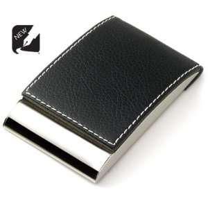   Metal Card Case W/White Stitching & Magnetic Lid In Black Folded Box