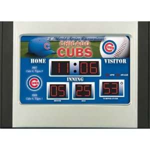 Mesa 12, The Cubs Park scoreboard features a clock on top, …