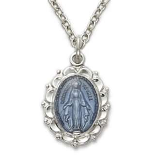 St. Blue Silver Virgin Mary Miraculous Medal, Necklace,  